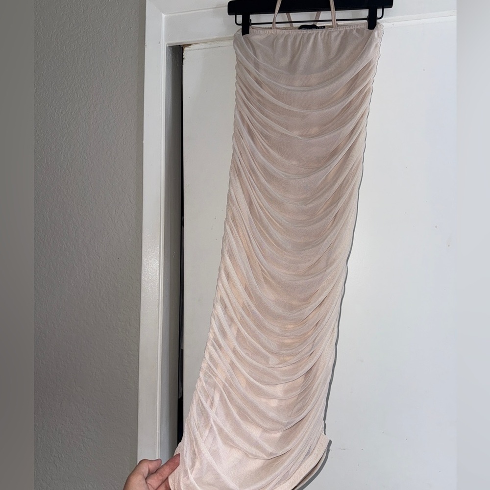 Pretty Little Thing Elegant Cream Ruched Spaghetti Strap Dress